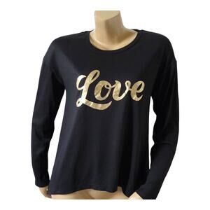 Kikit Womens Medium Black Love Graphic Long Sleeve Sharkbite Hen Stretch Top